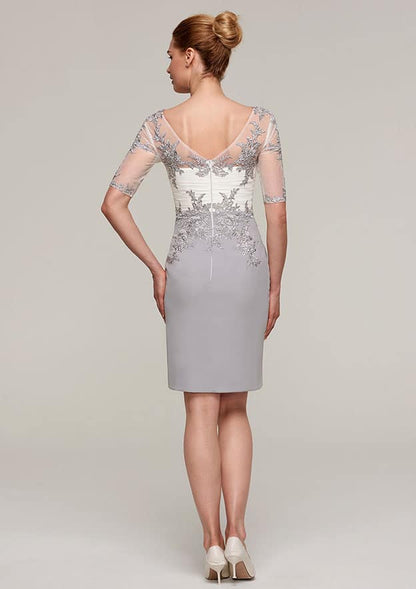 Classic Vintage Wedding Guest Dresses Chiffon Sheath/Column V Neck Short Sleeve Pleated Lace Appliqued With Half Sleeve Jacket Two-Piece Knee-Length Bargain Mother of the Bride Dress