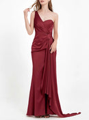 AABEI DRESS Exquisite Sheath One Shoulder Sleeveless Pleated Luxe Long Satin Floor-Length Elegant Evening Dress