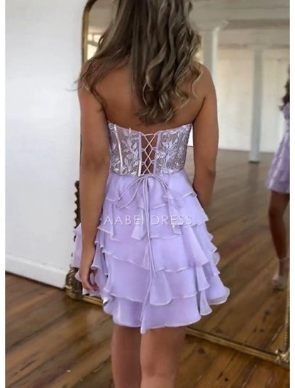 AABEI DRESS New Homecoming Dress A-Line Corsets Dress Holiday Graduation Sleeveless Strapless Lace with Appliques Tiers Exquisite Short Prom Dresse