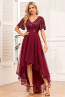AABEI DRESS Hot Sale Prom Dress Unique High-Low A-Line Sequins V Neck Short Sleeve Ruched Long Party Dress