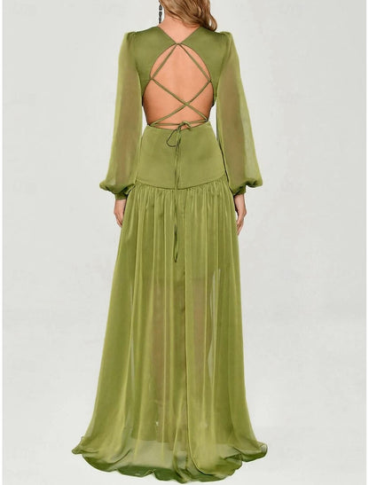 Gown Elegant Formal Fall Floor Length Long Sleeve V Neck Chiffon Back with Criss Cross Ruffles Evening Dress