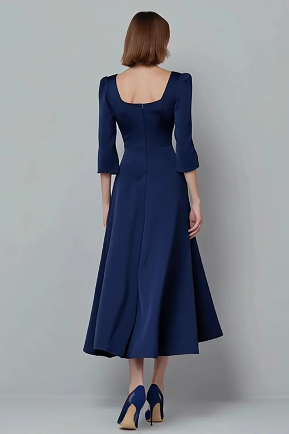Elegant Navy Satin A Line Square Neck with Sleeves Formal  Simple Wedding Guest Dress For Women Hot Sale Mother of the Bride Dress