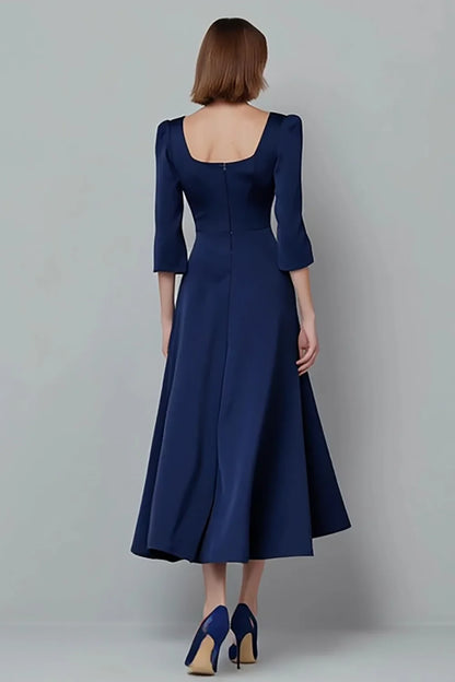 Elegant Navy Satin A Line Square Neck with Sleeves Formal  Simple Wedding Guest Dress For Women Hot Sale Mother of the Bride Dress