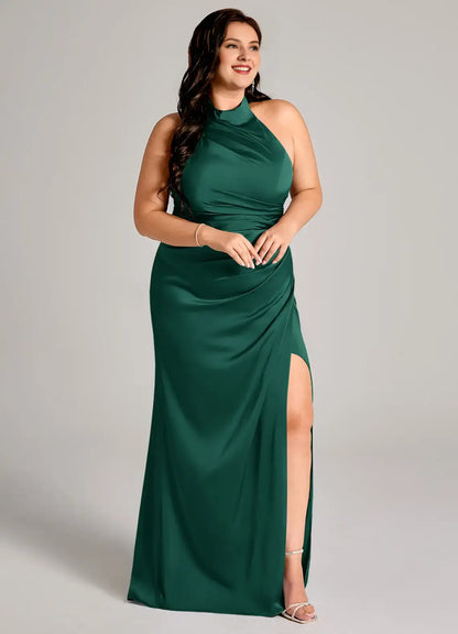 Wedding Guests Dresses Emerald Sheath High Neck Sleeveless Pleated Side Fork Backless Floor-Length Fashion Plus Size Formal Dress Discount Hot Sale Prom Dress