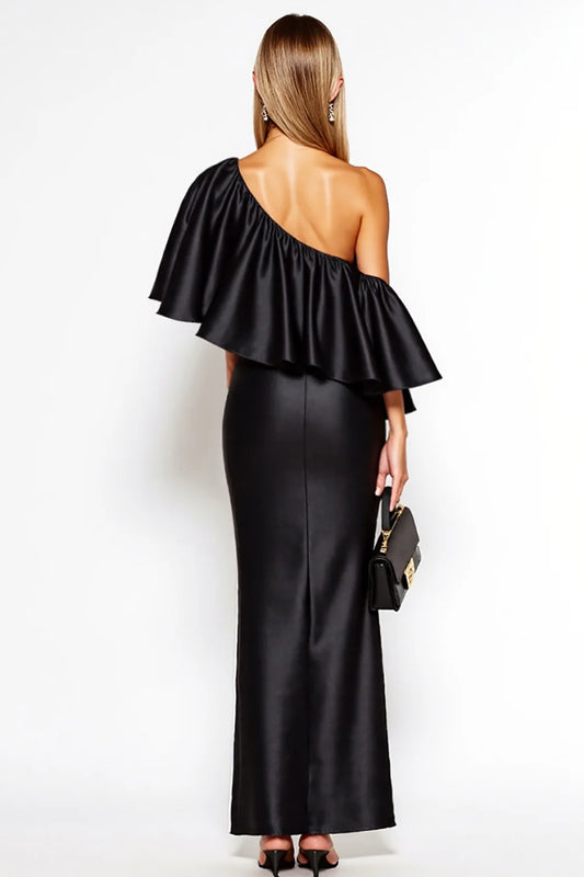 Black Satin Sheath Unique One Shoulder Ruffles Backless Fashion Long Formal Dress Hot Sale Evening Dresses