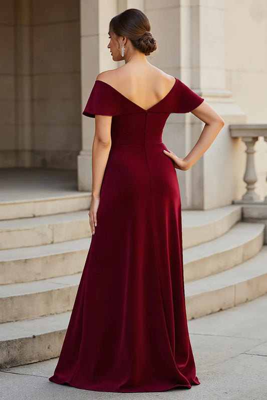 Wedding Guest Dress Burgundy Satin A Line V-Neck Short Sleeve Tiers Ruffles Elegant Hot Sale Long Mother of the Bride Dress