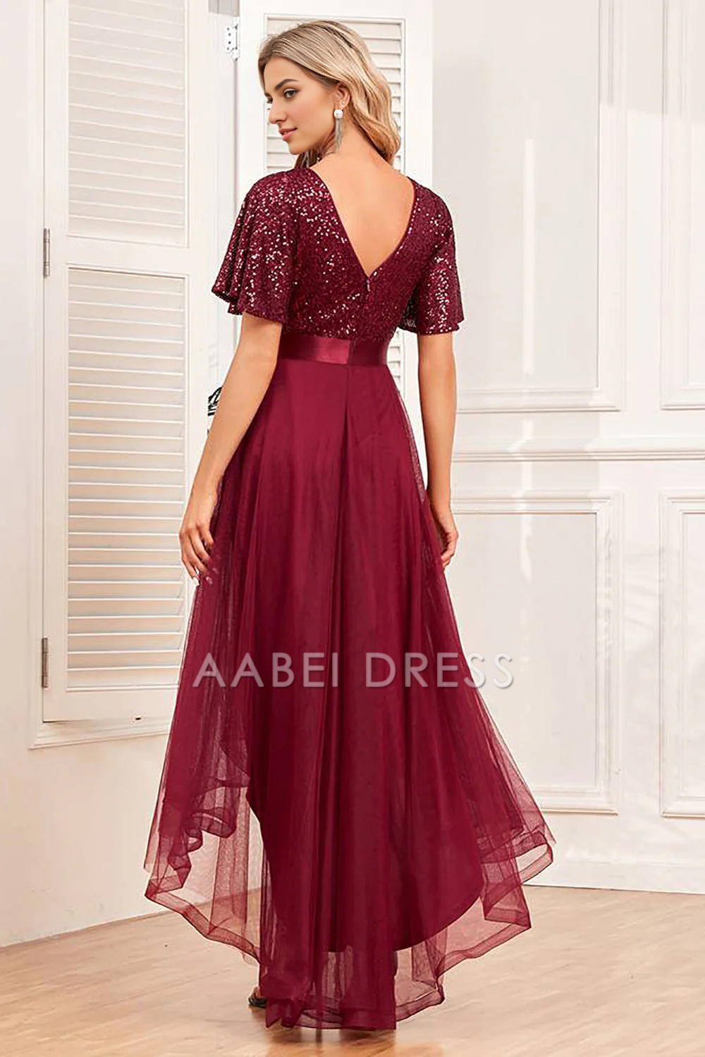 AABEI DRESS Hot Sale Prom Dress Unique High-Low A-Line Sequins V Neck Short Sleeve Ruched Long Party Dress