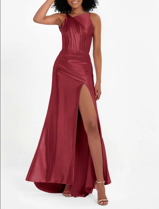 AABEI DRESS Elegant Sheath Backless Pleated High Slit Sweep Train Long Dress Fashion Evening Dress