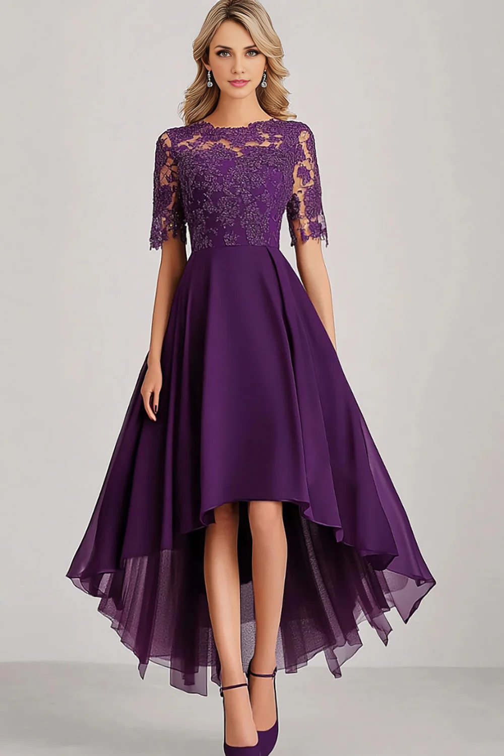 AABEI DRESS Mother Of The Bride Dress Lace Short Sleeve A Line Asymmetrical High-Low Retro Formal Wear Dresse