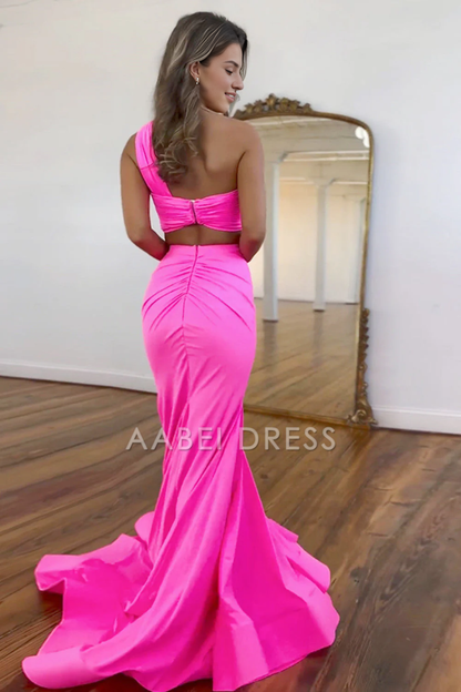 AABEI DRESS Hot Sale Prom Dress Satin Mermaid One Shoulder Cutout Waist Long Sweep Train Charming Formal Dress