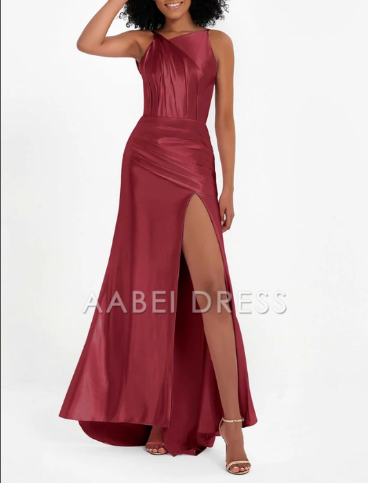 AABEI DRESS Elegant Sheath Backless Pleated High Slit Sweep Train Long Dress Fashion Evening Dress
