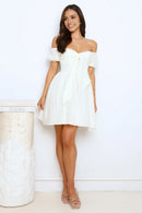Elegant White A Line Sweetheart Neckline Off Shoulder Bow Decoration Bubble Sleeve Cute Mini Dress Hot Sale Homecoming Dress