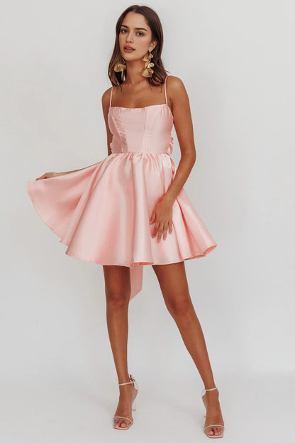 A Line Spaghetti Strap Sleeveless Bow Pink Elegant Mini Dress Hot Sale Homecoming Dress