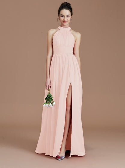 A-Line/Princess Halter Sleeveless Ruched Floor-Length Chiffon Bridesmaid Dresses