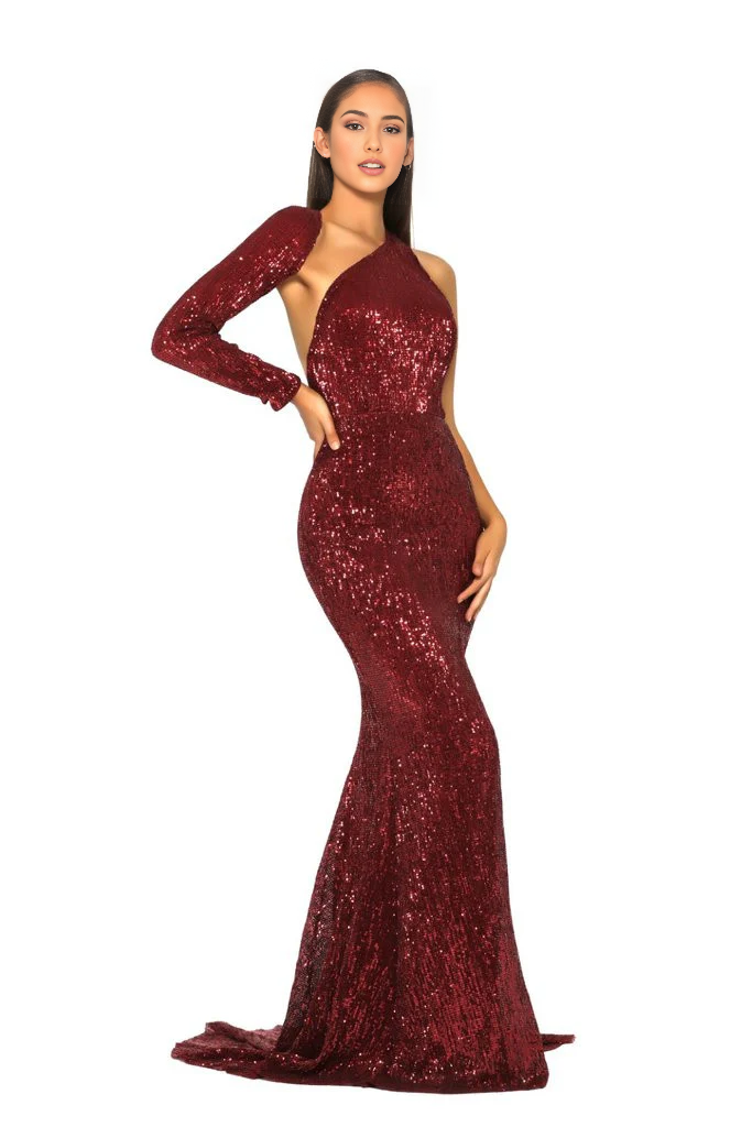 Evening Dress Sequin One Shoulder Sleeve Mermaid Dress Side Fork Backless Formal Wear Dresses
