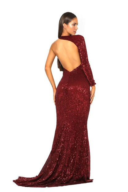 Evening Dress Sequin One Shoulder Sleeve Mermaid Dress Side Fork Backless Formal Wear Dresses