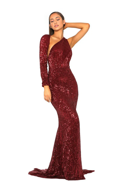 Evening Dress Sequin One Shoulder Sleeve Mermaid Dress Side Fork Backless Formal Wear Dresses