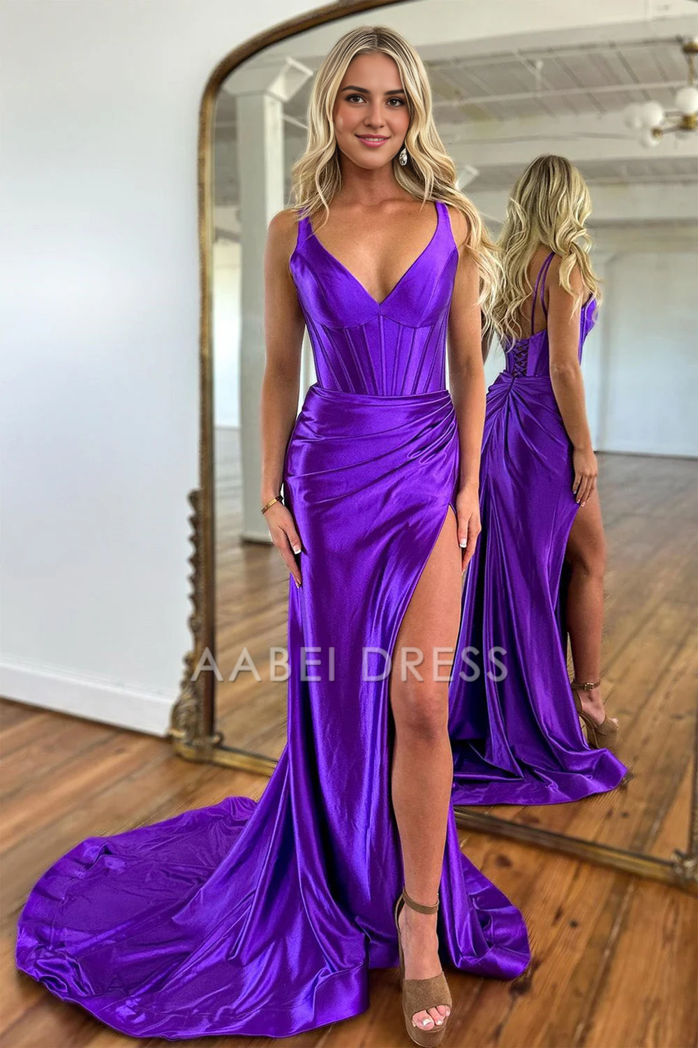AABEI DRESS Hot Sale Prom Dress Mermaid V-Neck Satin Long With Split Sweep Train Elegant Formal Dress
