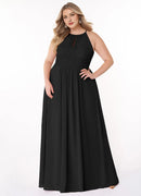 Wedding Guests Dresses Black A-Line Halter Keyhole Pleated Sleeveless Chiffon Floor-Length Classic Plus Size Formal Dress Discount Hot Sale Prom Dress
