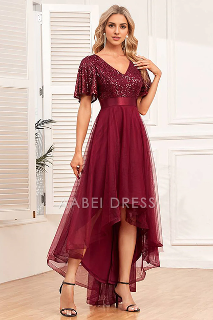 AABEI DRESS Hot Sale Prom Dress Unique High-Low A-Line Sequins V Neck Short Sleeve Ruched Long Party Dress