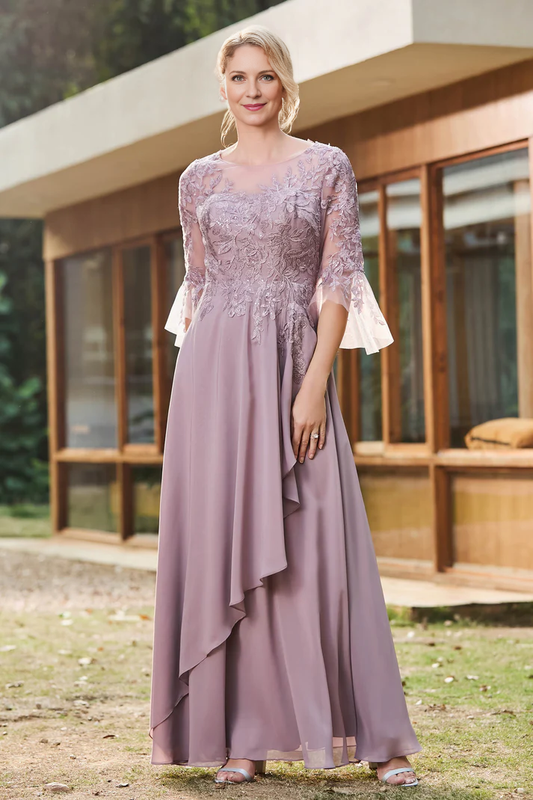 AABEI DRESS Mother of the Bride Dresses Ruffles Illusion Neck Lace Applique Chiffon Dress Elegant Formal Dress Wedding Guests Dresses