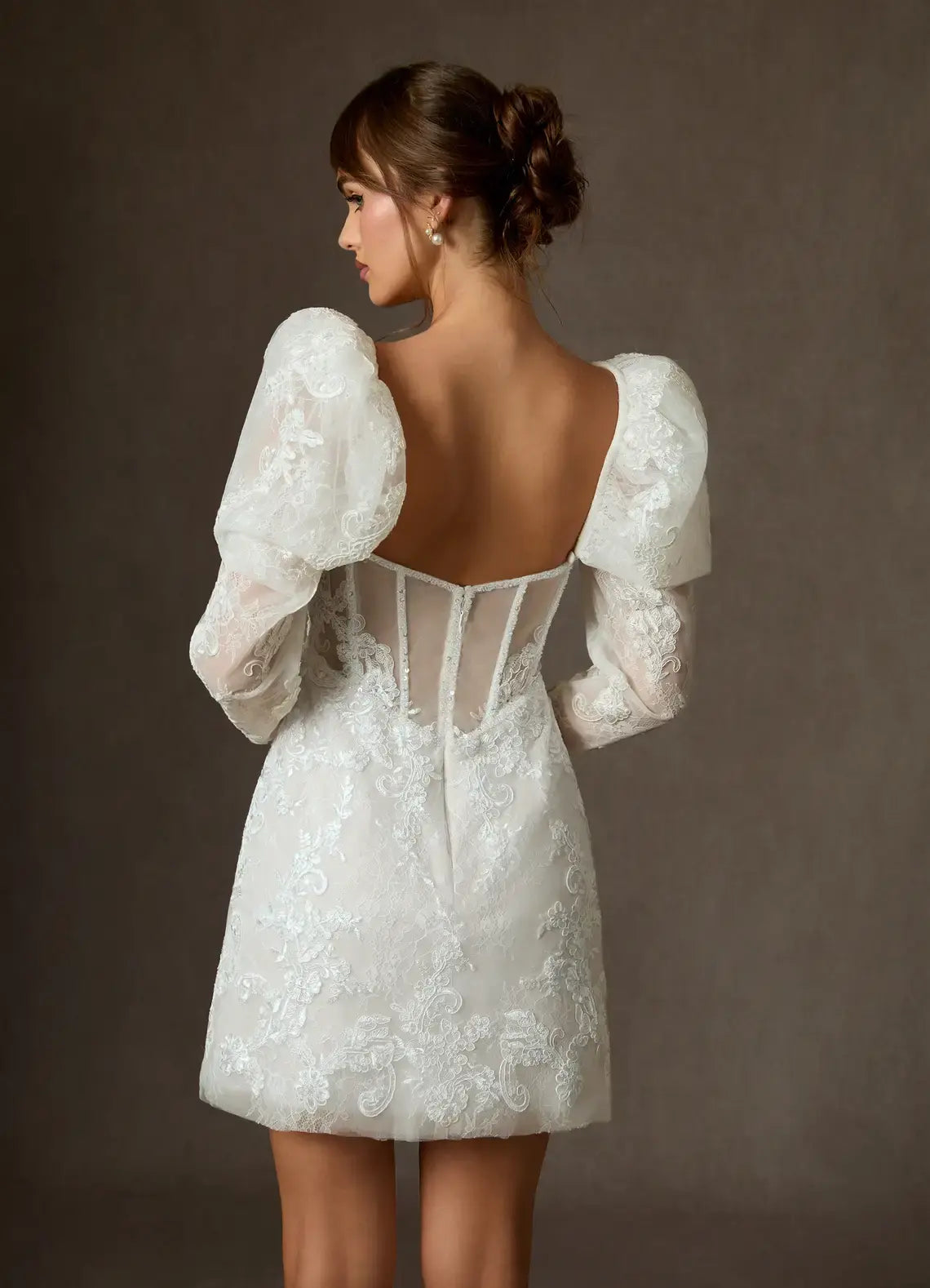 Fashion White A-Line Square Neck Detachable Long Sleeves Lace Applique Backless Exquisite Hot Sale Short Wedding Dress