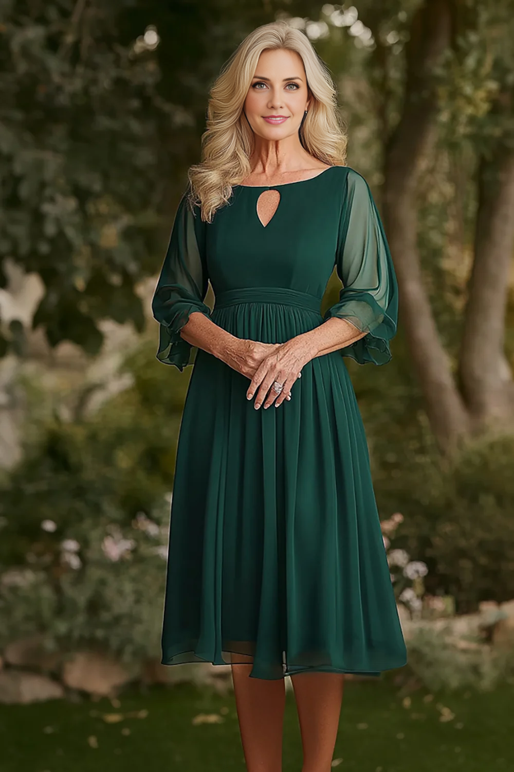 forest green tea length dress Chiffon A-Line Tea-Length 58047