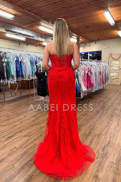 AABEI DRESS Prom Dress Exquisite Mermaid Strapless Lace with Appliques Side Fork Formal Dress