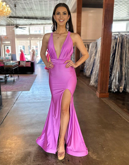 AABEI DRESS Hot Sale Prom Dress Sexy Deep V-Neck Cross Back Long Satin With Split Charming Formal Dress