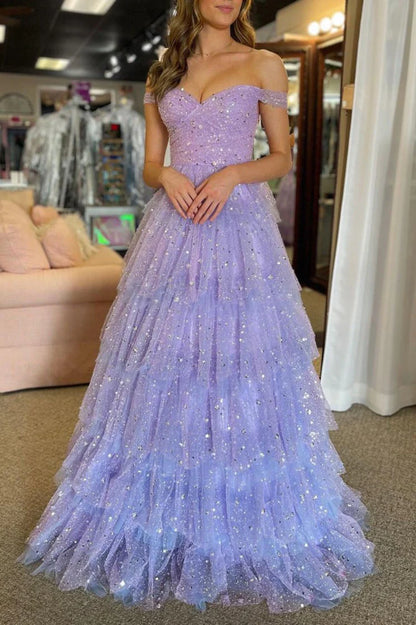 Sparkle Lilac Sequin Tulle A-Line Off the Shoulder Sweetheart Neckline Tiered Ruffle Gorgeous Wedding Guest Dress Long Hot Sale Prom Dresses