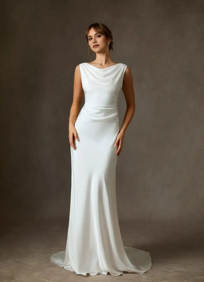 Elegant Simple Sheath Cowl Sleeveless Backless Fashion Hot Sale Wedding Dress