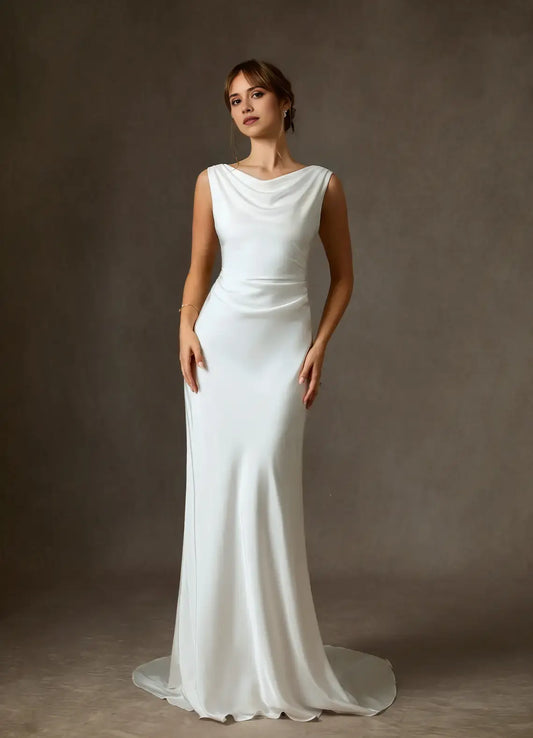 Elegant Simple Sheath Cowl Sleeveless Backless Fashion Hot Sale Wedding Dress