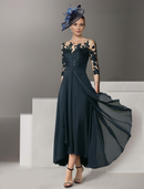 AABEI DRESS Wedding Guest Dress Elegant A-Line Jewel Neck 3/4 Length Sleeve Asymmetrical Lace Appliques Retro Mother of the Bride Dress