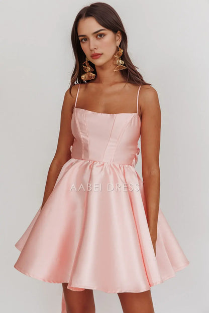 A Line Spaghetti Strap Sleeveless Bow Pink Elegant Mini Dress Hot Sale Homecoming Dress
