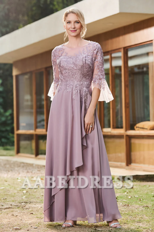 AABEI DRESS Mother of the Bride Dresses Ruffles Illusion Neck Lace Applique Chiffon Dress Elegant Formal Dress Wedding Guests Dresses