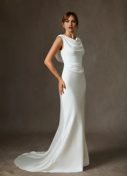 Elegant Simple Sheath Cowl Sleeveless Backless Fashion Hot Sale Wedding Dress