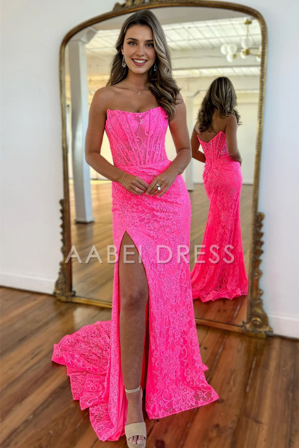AABEI DRESS Prom Dress Gorgeous Mermaid Strapless Sweep Train Lace Slit Elegant Formal Dress
