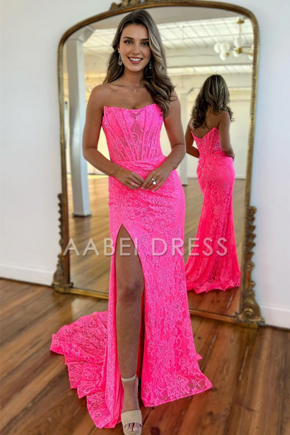 AABEI DRESS Prom Dress Gorgeous Mermaid Strapless Sweep Train Lace Slit Elegant Formal Dress
