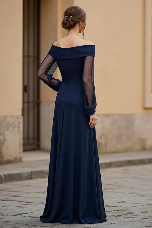 Wedding Guest Dress Navy A Line V Neck Chiffon Long Sleeves Ruched Elegant Simple Hot Sale Long Mother of the Bride Dress