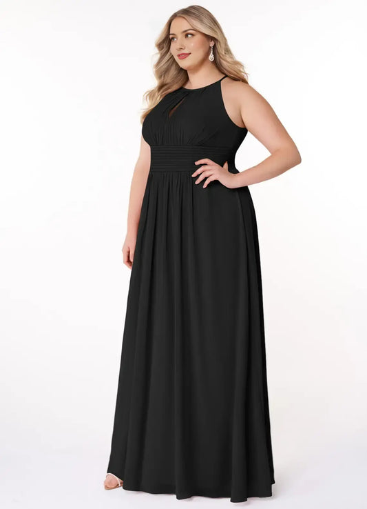 Wedding Guests Dresses Black A-Line Halter Keyhole Pleated Sleeveless Chiffon Floor-Length Classic Plus Size Formal Dress Discount Hot Sale Prom Dress