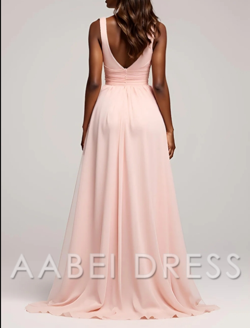 AABEI DRESS Hot Sale Prom Dress Elegant A Line Deep V-Neck Pleated Simple Long With Slit Formal Dress