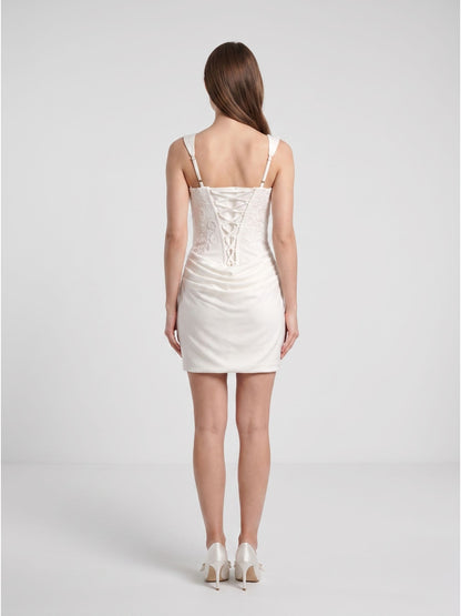 Ivory Lace and Satin Bodycon Sweetheart Lace-Up Back Mini Dress