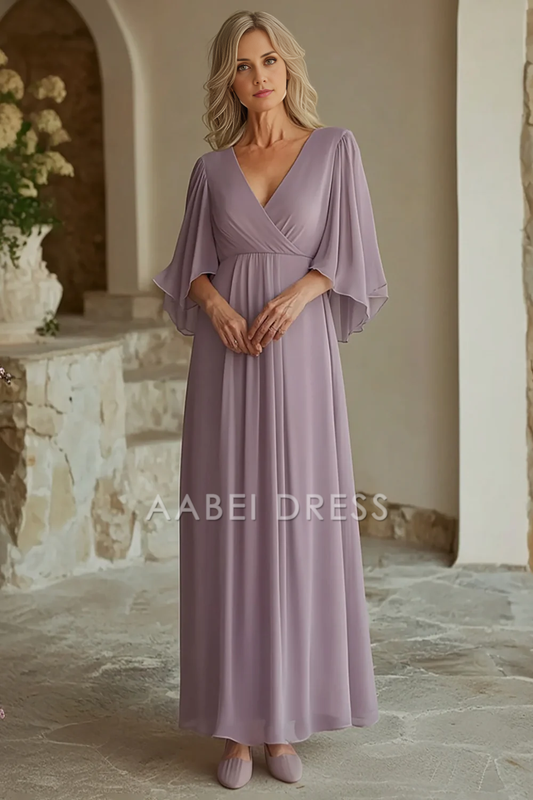 AABEI DRESS Mother Of The Bride Dress Deep V-Neck Chiffon Flowing Sleeves Elegant Long Formal Wear Dresse