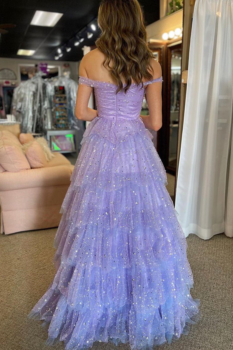 Sparkle Lilac Sequin Tulle A-Line Off the Shoulder Sweetheart Neckline Tiered Ruffle Gorgeous Wedding Guest Dress Long Hot Sale Prom Dresses