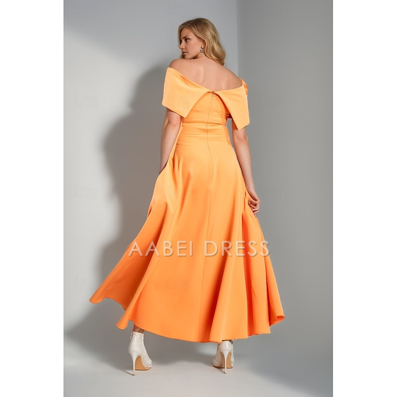AABEI DRESS Wedding Guest Dress Exquisite Simple A-Line Off Shoulder Short Sleeve Tea Length Pleats Flower Elegant Mother of the Bride Dress