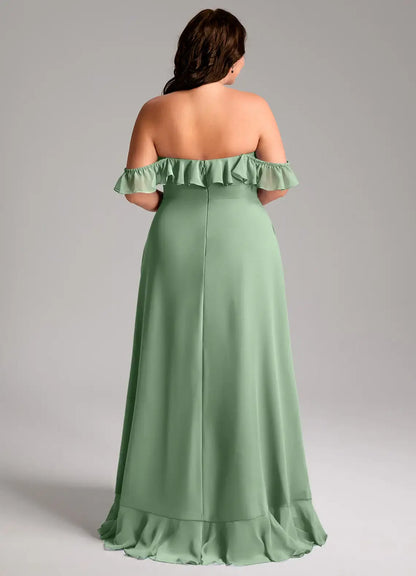 Wedding Guests Dresses Mint Green Cute A-Line Off Shoulder Sweetheart Sleeveless Chiffon Ruffles Backless Floor-Length Plus Size Formal Dress Discount Hot Sale Prom Dress