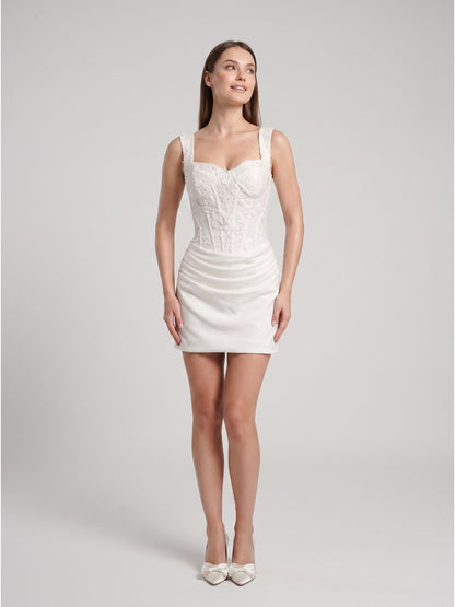 Ivory Lace and Satin Bodycon Sweetheart Lace-Up Back Mini Dress