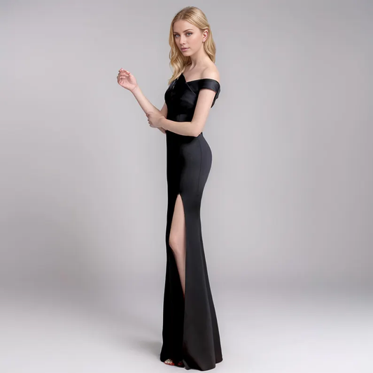 Evening Dress Elegant Off-Shoulder Highlights the Neckline Fitted Gown Slit Proms Dress Formal Wear Dresses