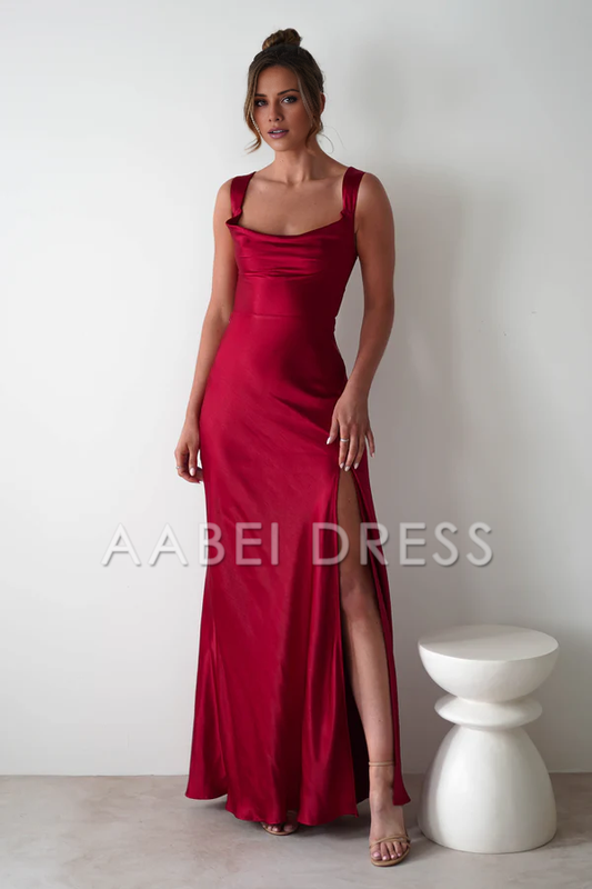 AABEI DRESS Prom Dress Soft satin cowl neckline Open back lace-up straps high slit Sexy Elegant Dress