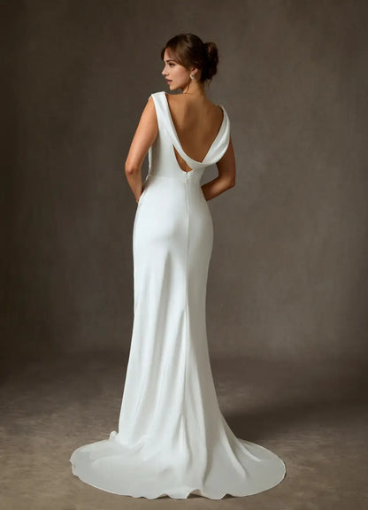 Elegant Simple Sheath Cowl Sleeveless Backless Fashion Hot Sale Wedding Dress